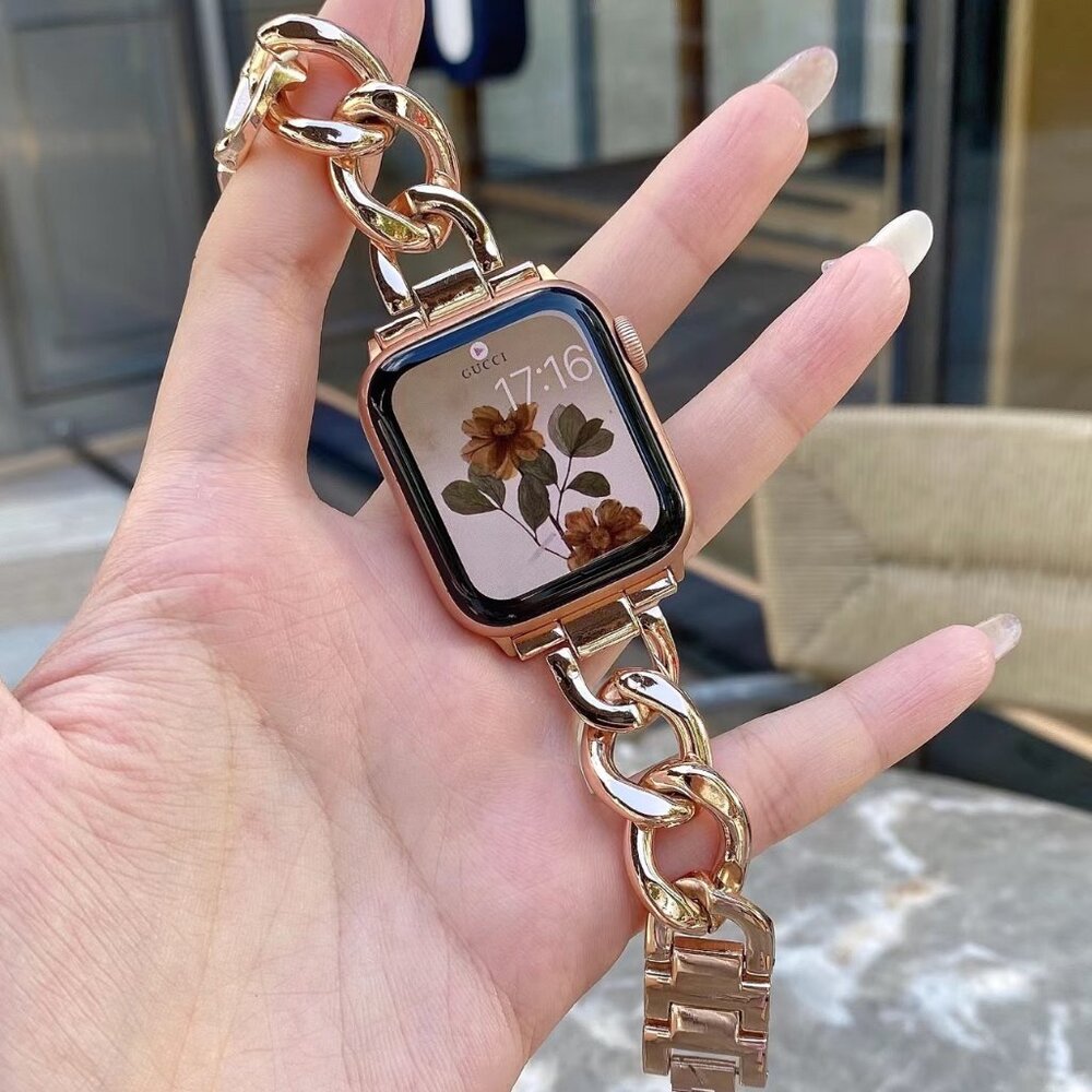 Stylish Metal Adjustable Strap Chain Stainless Band For Apple Watch - Rosegold